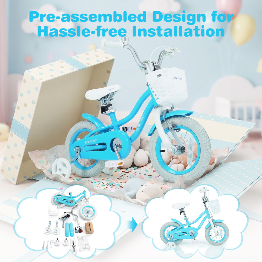 Kids bike with removable storage basket, dual brakes, and adjustable seat, designed for smooth riding and safety.