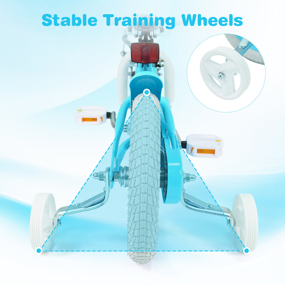Stable training wheels on the 12-inch kids bike provide safety and support for beginner riders.
