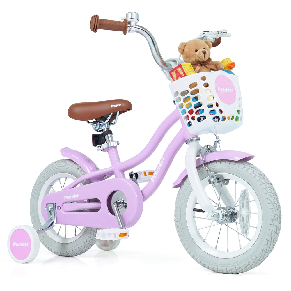 Adjustable 12-inch kids bike in lavender with removable storage basket, dual brake system, and training wheels for.