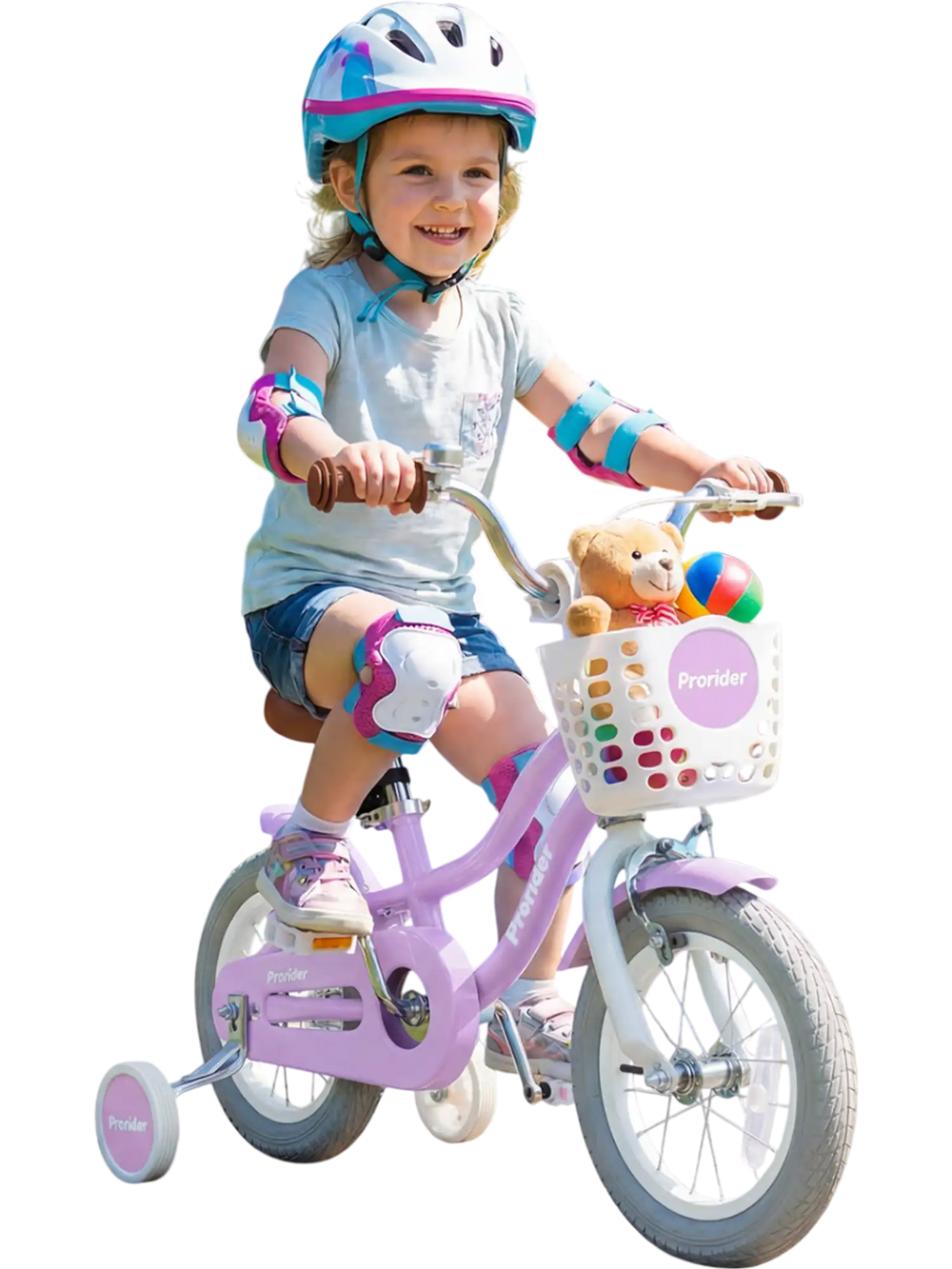Adjustable 12-inch kids bike in purple with removable basket, dual brake system, and training wheels for safe riding.
