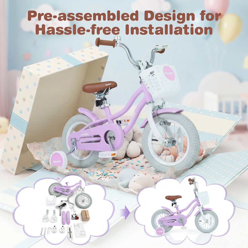 12-inch adjustable kids bike in purple with removable basket, dual brake system, and pre-assembled design for easy.