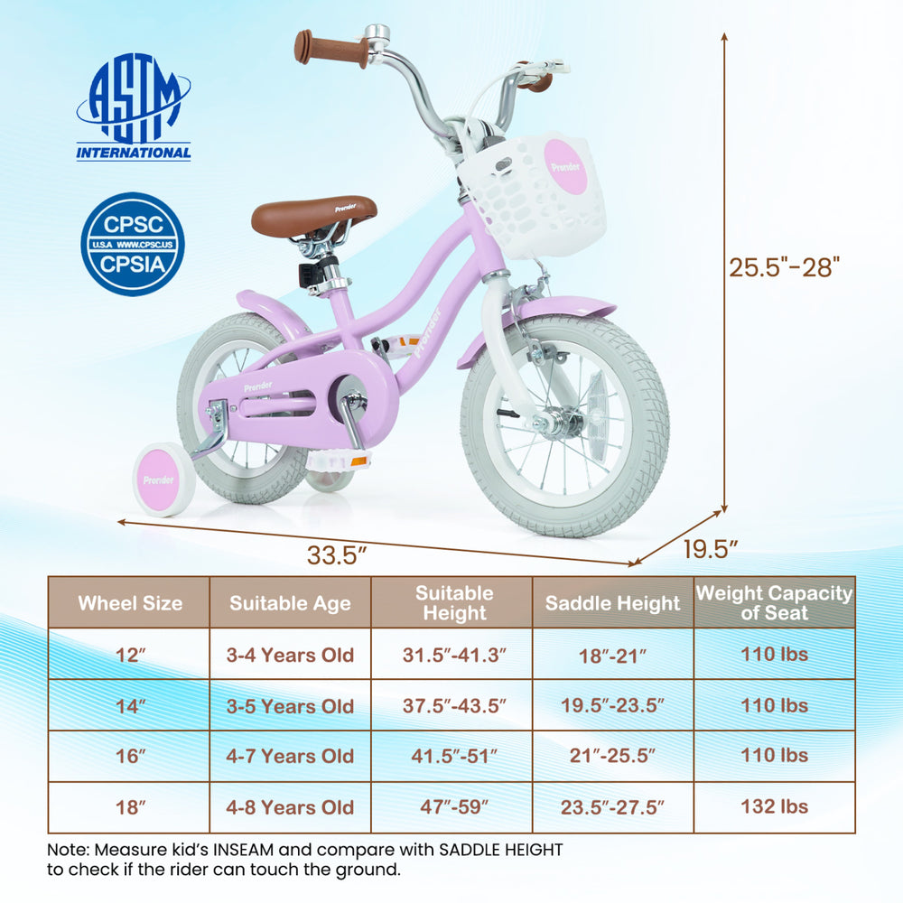 Adjustable 12-inch kids bike in pink with removable basket, dual brake system, and training wheels for safe riding.