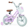Adjustable 12-inch kids bike in lavender with removable basket, dual brake system, and training wheels for safety.