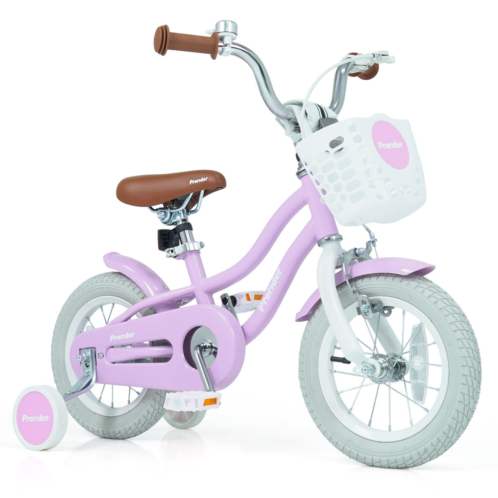 Adjustable 12-inch kids bike in lavender with removable basket, dual brake system, and training wheels for safety.