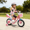 Colorful 12-inch girls bike with doll seat, adjustable handlebars, and training wheels for kids aged 3-8 years old.