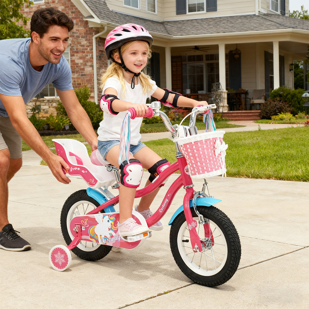 Girls' 12-inch bike with doll seat and basket, featuring adjustable seat and handlebar, perfect for kids aged 3-8.