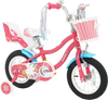 Girls' 12-inch bike with doll seat, pink design, adjustable handlebars, and training wheels for ages 3-8.