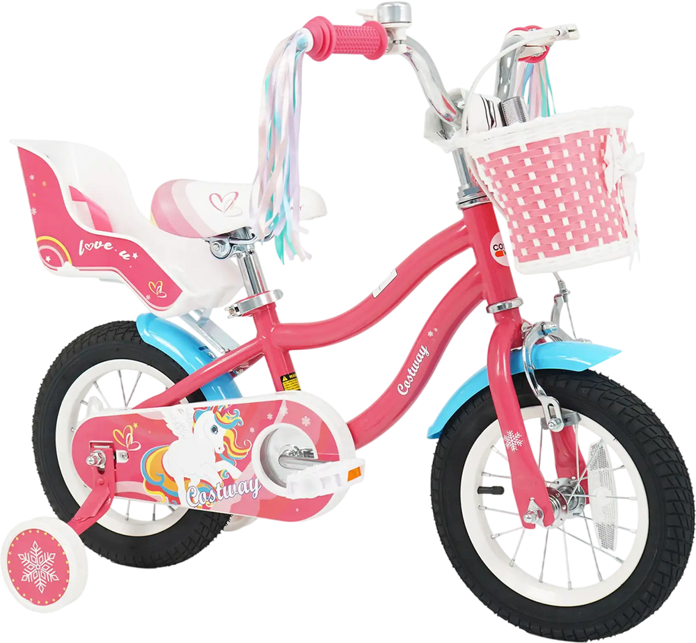 Girls' 12-inch bike with doll seat, pink design, adjustable handlebars, and training wheels for ages 3-8.
