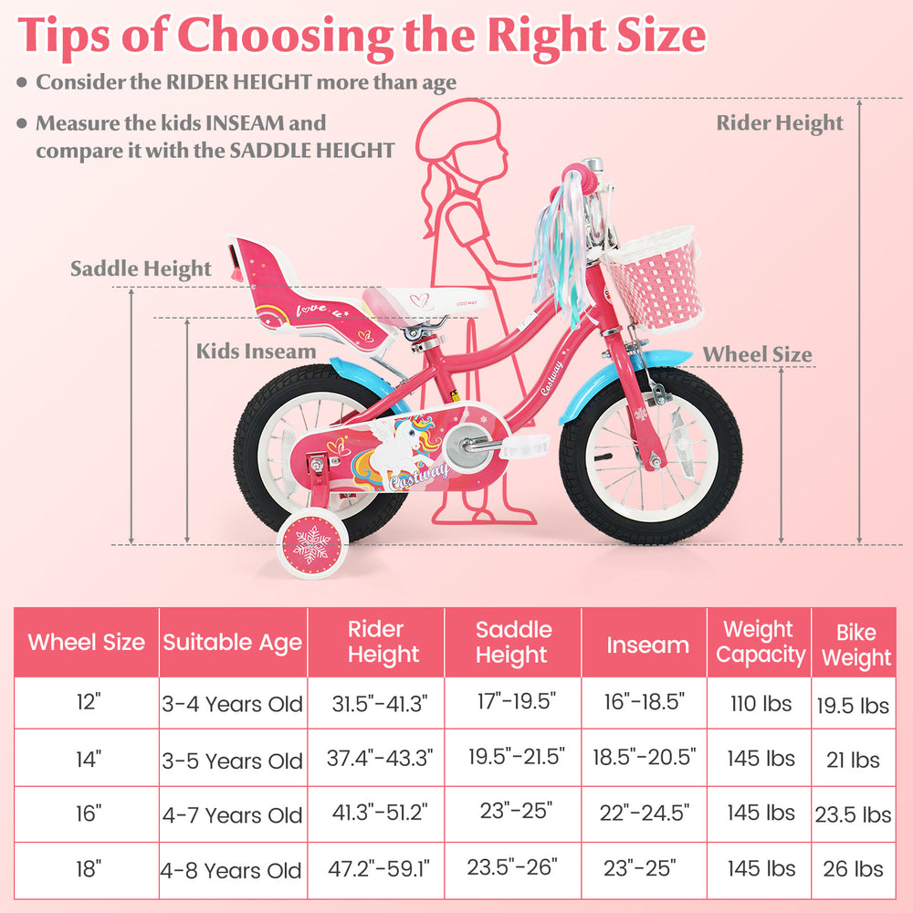 12-inch girls bike with doll seat, adjustable handlebars, and training wheels for kids aged 3-8, perfect for safe.