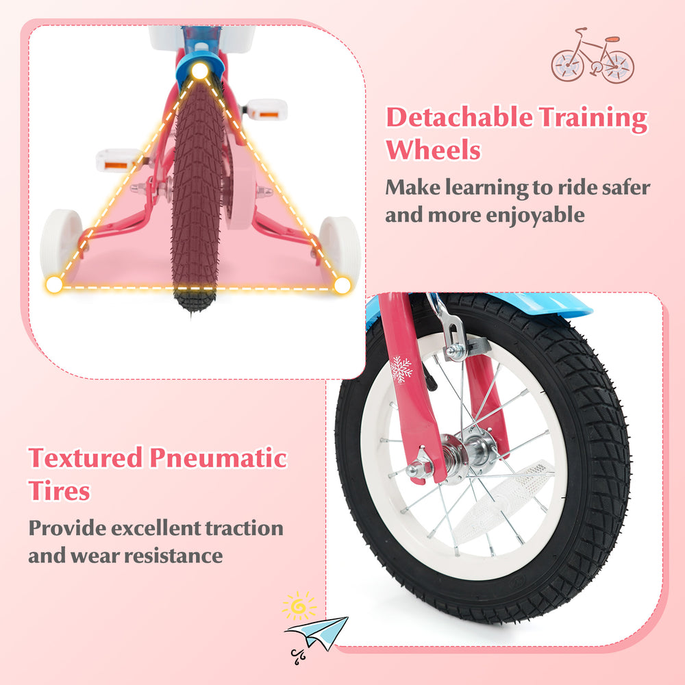 Detachable training wheels on a 12-inch girls bike provide stability and safety for kids aged 3-8 years.