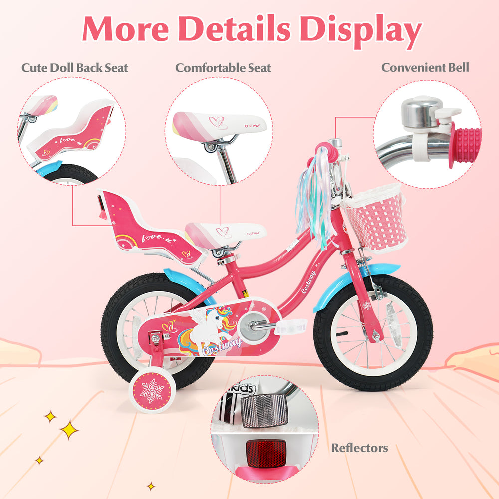 Girls bike with doll seat, adjustable handlebars, and comfortable seat for kids aged 3-8, perfect for fun rides.