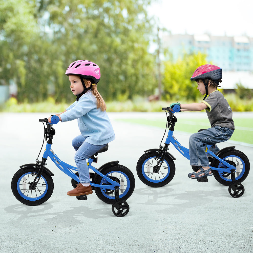 Kids riding 12-inch navy bikes with removable training wheels, adjustable seats, and safety features for ages 3-8.
