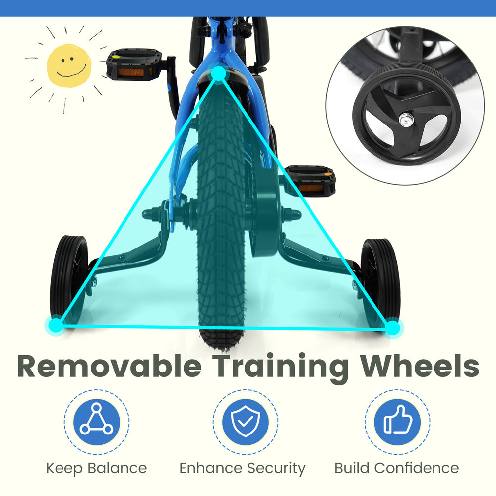 Removable training wheels on a navy kids bike, designed for ages 3-8, enhance balance and build confidence while riding.