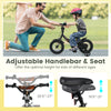 Kids bike with adjustable seat and handlebars, removable training wheels, and dual brakes for ages 3-8, in black.