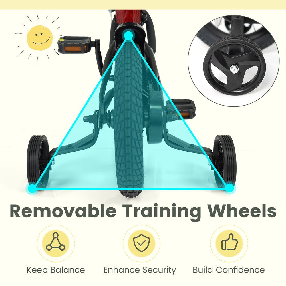 Removable training wheels on a kids bike for ages 3-8, featuring a sturdy frame and adjustable seat for optimal height.