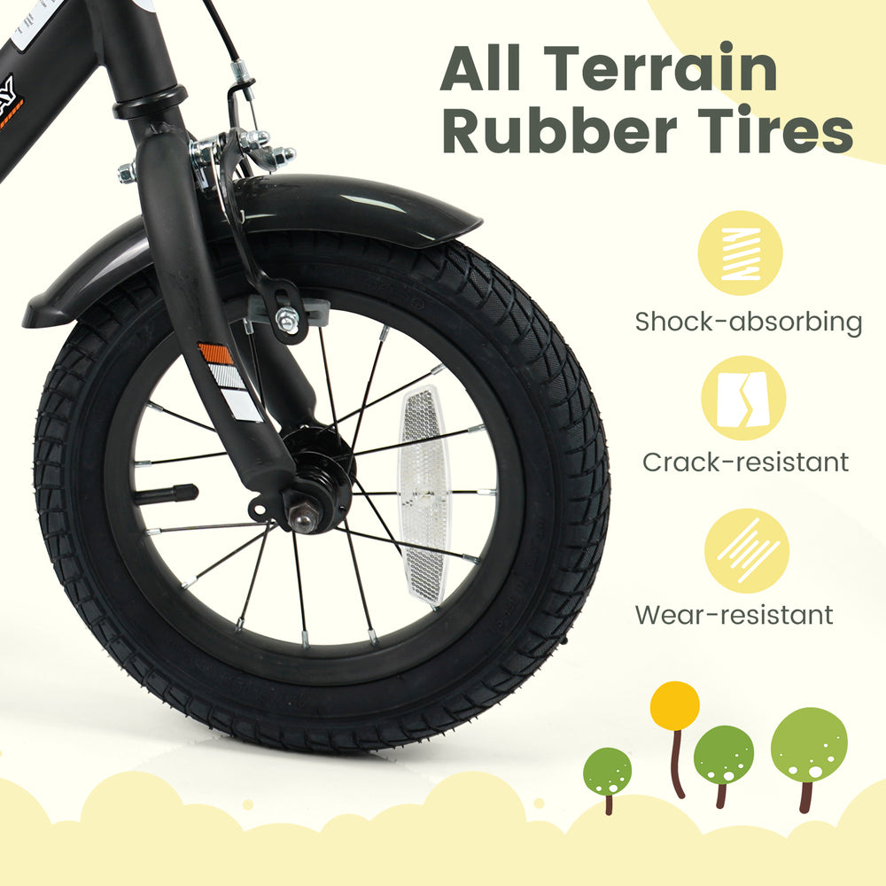 Close-up of the 12-inch kids bike's all-terrain rubber tire, showcasing its crack-resistant and wear-resistant features.
