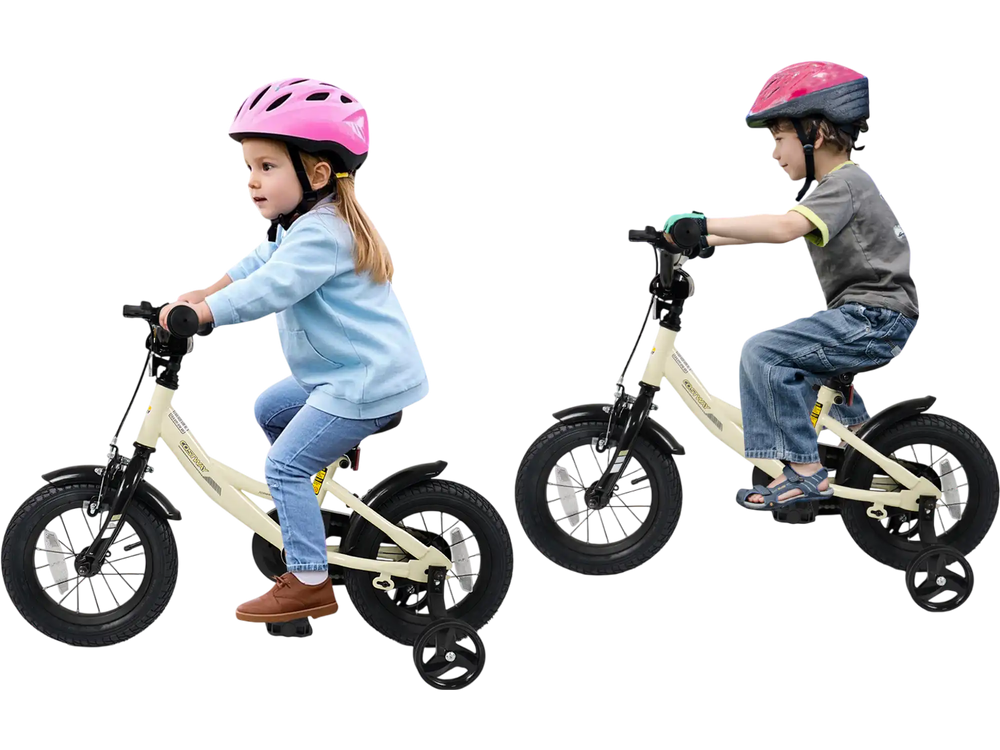 Kids riding 12-inch sport bicycles with removable training wheels, featuring adjustable seats and dual brake methods.
