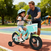 Kids bike in green with training wheels and basket, featuring adjustable height and hand brake for safe riding.