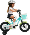 Kids bike in green with training wheels and a front basket, perfect for learning balance and riding confidently.