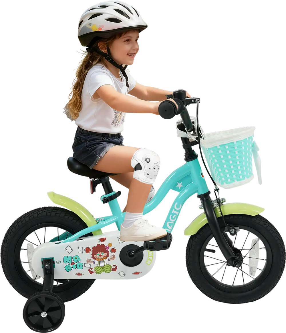 Kids bike in green with training wheels and a front basket, perfect for learning balance and riding confidently.