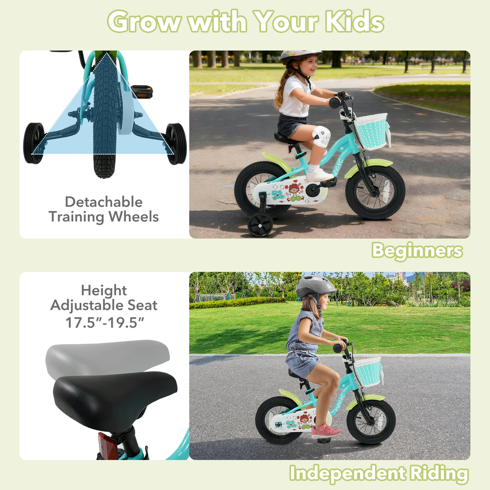 Kids bike with training wheels in green, featuring adjustable seat, hand brake, and removable front basket for fun.