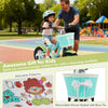 Kids bike with training wheels in green, featuring a removable basket and colorful patterns for outdoor fun.