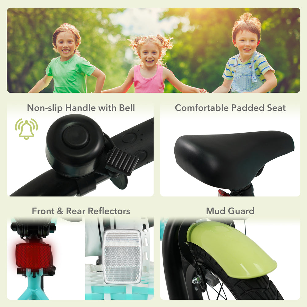 Non-slip handle with bell and comfortable padded seat on a green kids bike with training wheels for safe riding.