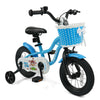 Kids bike in navy color with training wheels, adjustable saddle, and removable basket for fun outdoor adventures.
