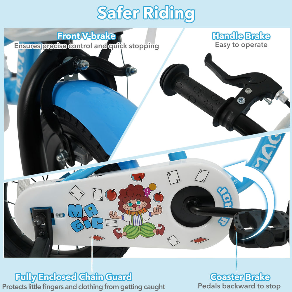 Detail of the handle brake and enclosed chain guard on the navy 12/14/16 inch kids bike for safer riding.