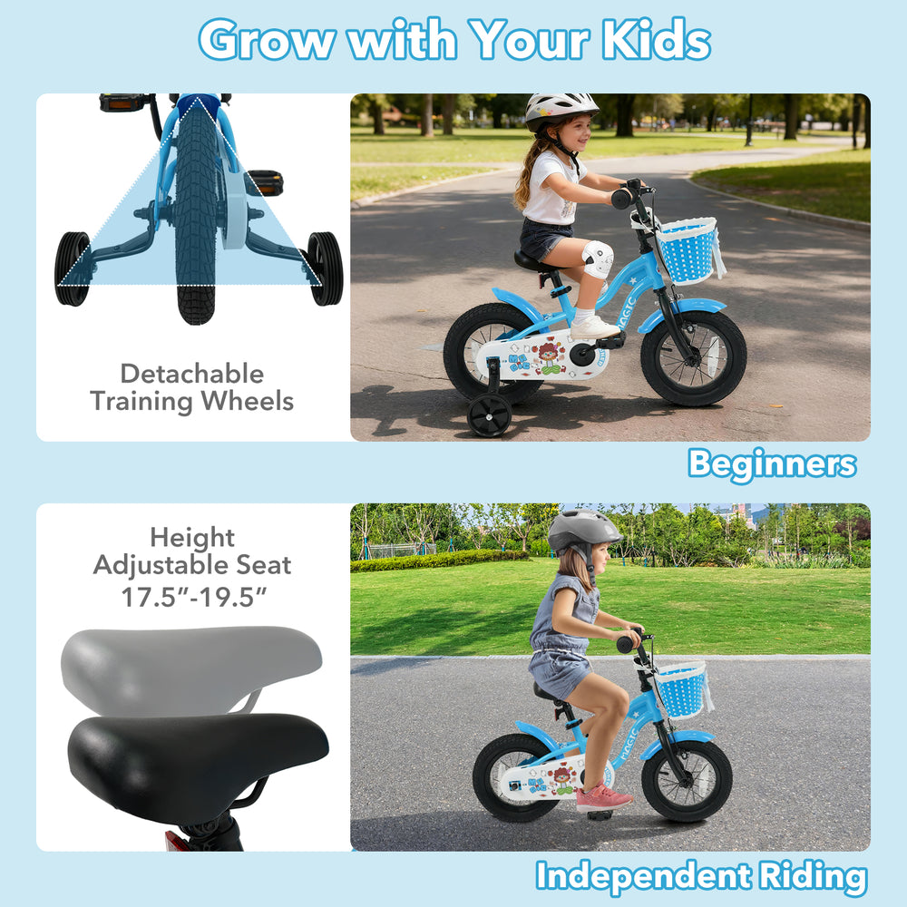 Kids bike with adjustable seat, detachable training wheels, and front basket in navy color for safe, independent riding.