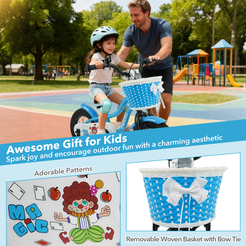 Kids bike with training wheels and removable basket in navy color, featuring colorful patterns for outdoor fun.
