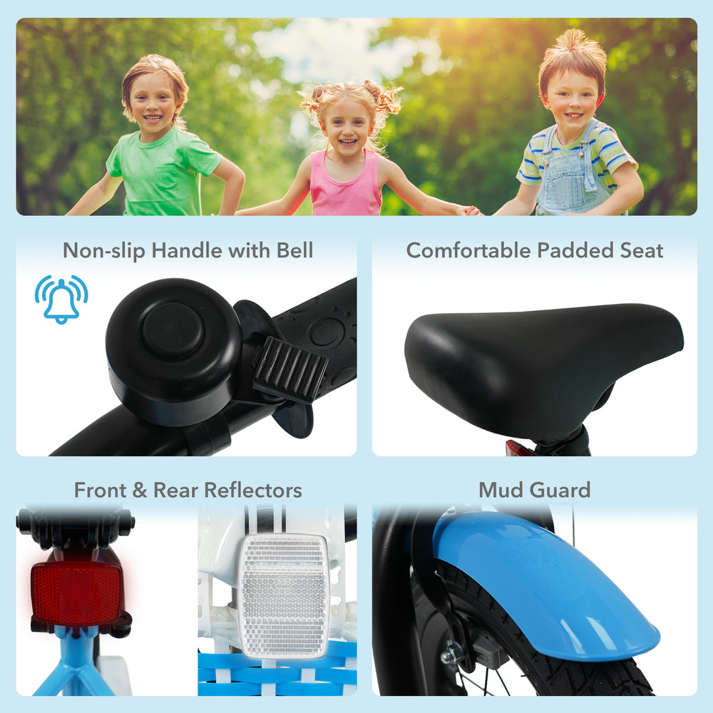 Kids bike with adjustable padded seat, non-slip handle with bell, and safety reflectors in navy color for outdoor fun.