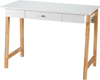 White computer desk with rubberwood legs and large drawer, perfect for writing, makeup, or home office use.
