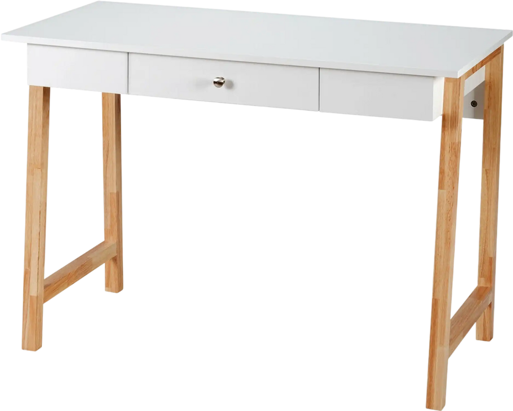 White computer desk with rubberwood legs and large drawer, perfect for writing, makeup, or home office use.