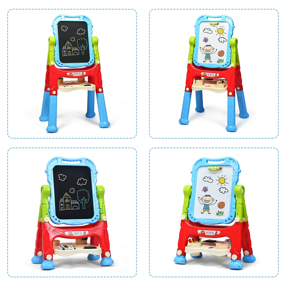 Height adjustable kids art easel with magnetic whiteboard and chalkboard, featuring a stable triangle structure for.