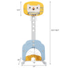 3-in-1 adjustable kids basketball hoop set in yellow, featuring basketball, golf, and soccer games for ages 2-7.