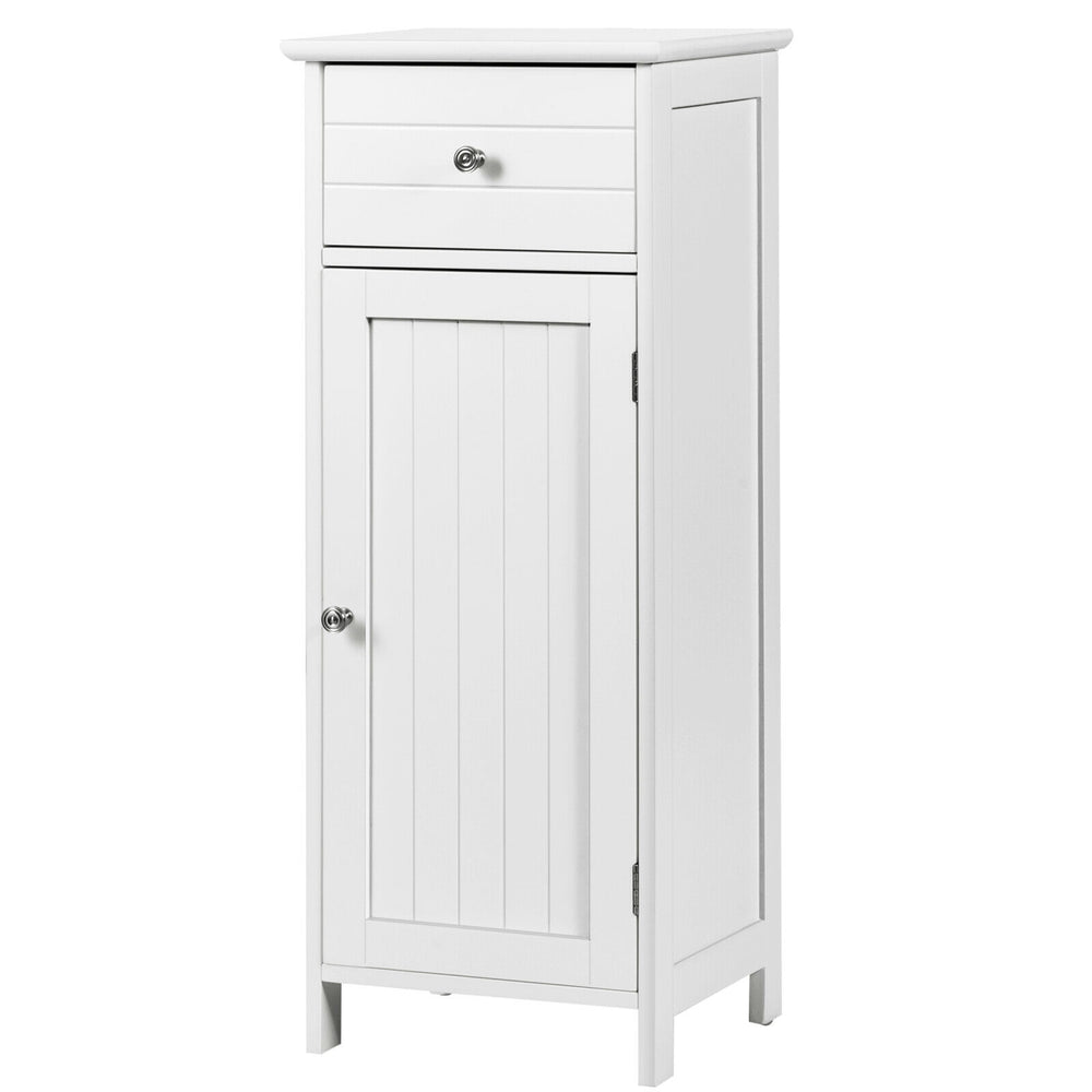 Wooden bathroom floor storage cabinet in pure white with a drawer and adjustable shelf, perfect for stylish.