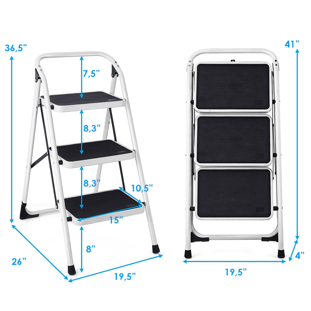 Folding 3-step ladder with handgrip, anti-slip platform, and sturdy design for safe home or office use.
