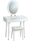 Touch screen vanity makeup table set in white with lighted elliptical mirror and cushioned stool for stylish.