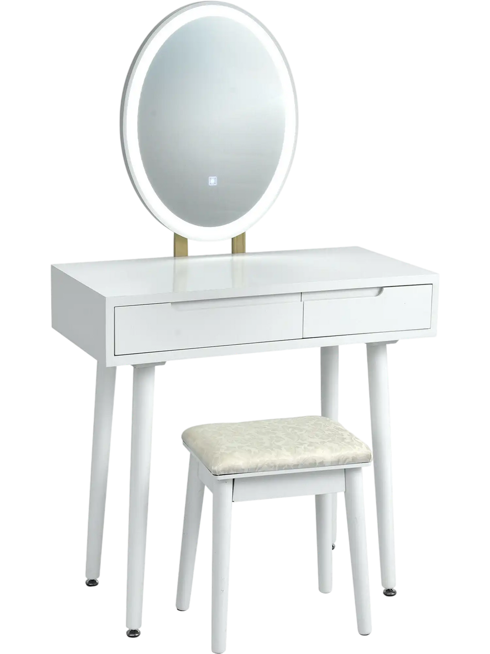 Touch screen vanity makeup table set in white with lighted elliptical mirror and cushioned stool for stylish.
