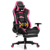 Massage gaming chair in pink with adjustable footrest and armrests, designed for comfort during gaming and relaxation.