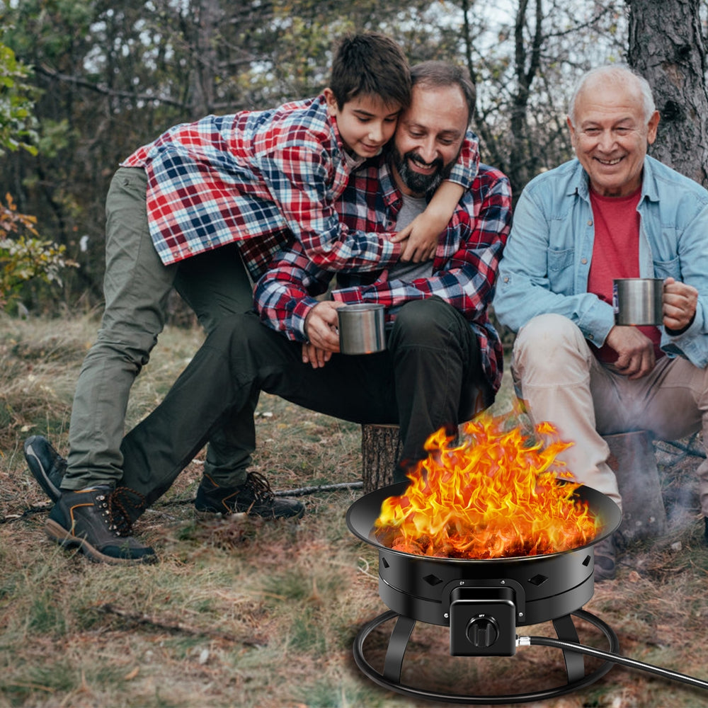 Portable propane fire pit with flames, sturdy iron construction, perfect for camping and outdoor gatherings.