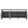 Gray Universal TV stand with open shelf and three cabinets for storage, accommodating TVs up to 65 inches.