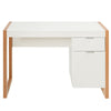 Modern white computer desk with a large drawer and cabinet, perfect for study or work in a stylish home office.