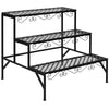 Three-tier metal decorative plant stand in black with elegant design, perfect for indoor or outdoor use.