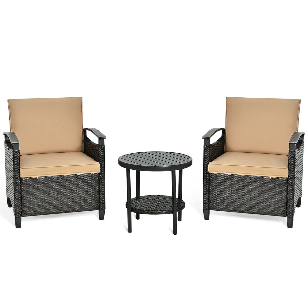 Cushioned patio chair featuring a durable PE rattan weave and ergonomic armrests, ideal for comfortable outdoor seating.