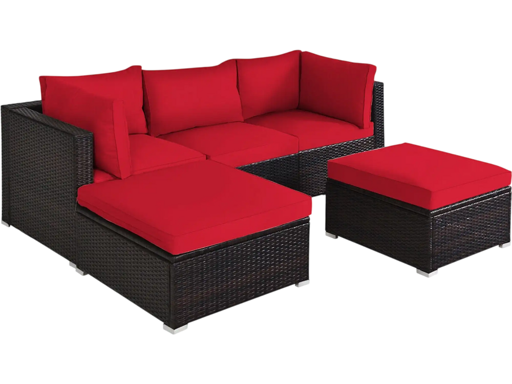 L-shaped patio rattan sofa set featuring a sturdy steel frame and plush red cushions, ideal for outdoor gatherings.