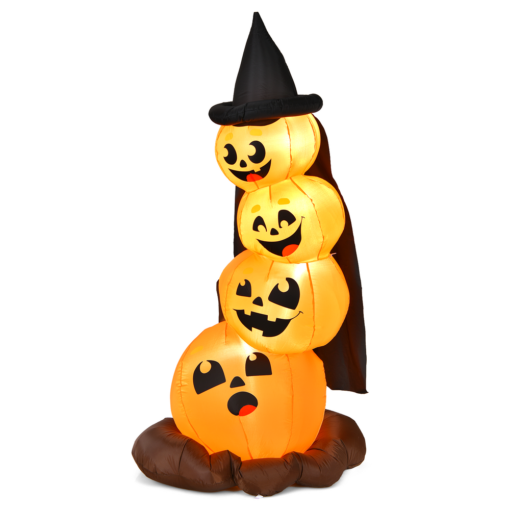 Stacked inflatable pumpkins with a witch's hat, featuring LED lights for Halloween decoration, made of durable.