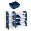 Kids toy storage organizer with blue bins and multi-layer shelf, perfect for keeping playrooms tidy and accessible.
