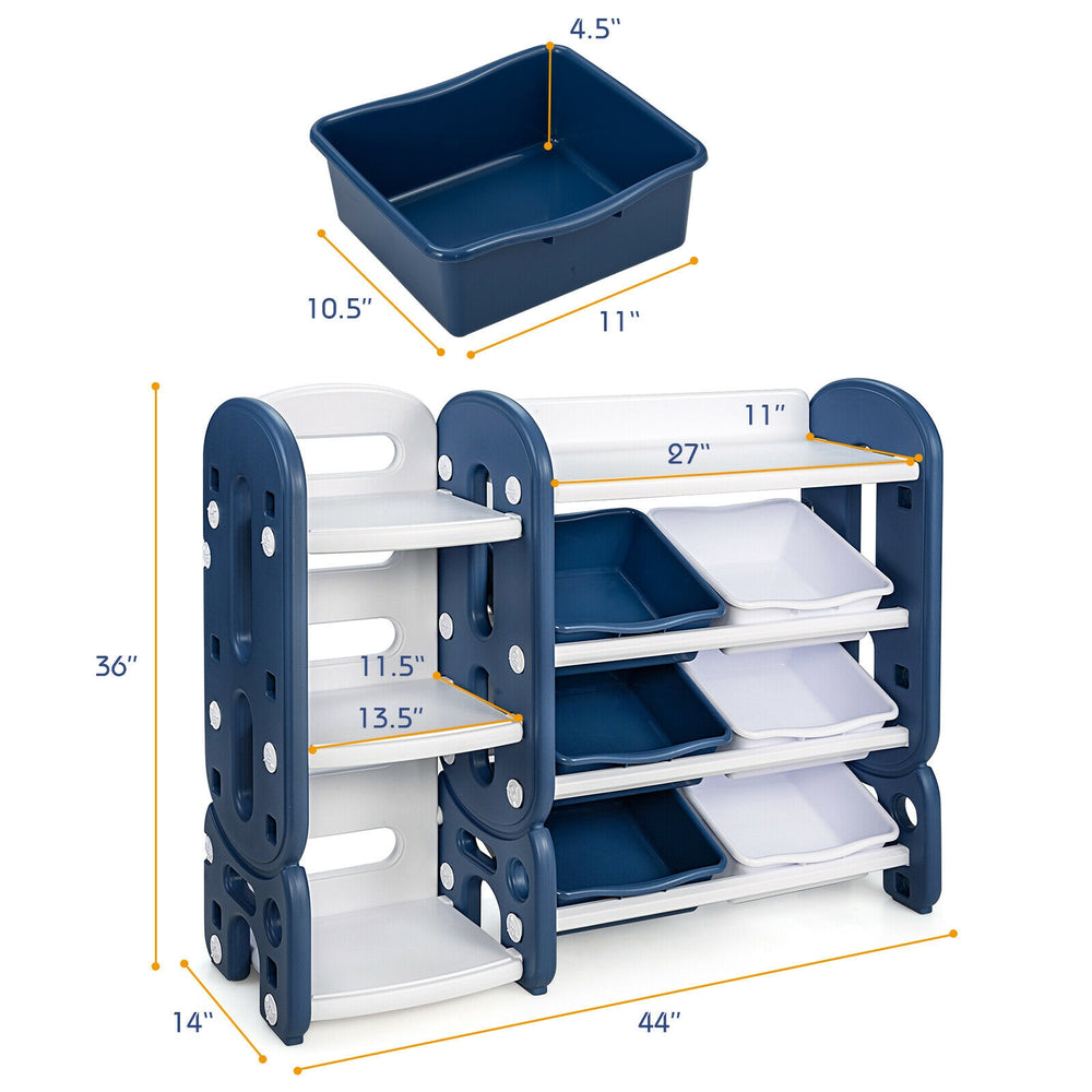 Kids toy storage organizer with blue bins and multi-layer shelf, perfect for keeping playrooms tidy and accessible.